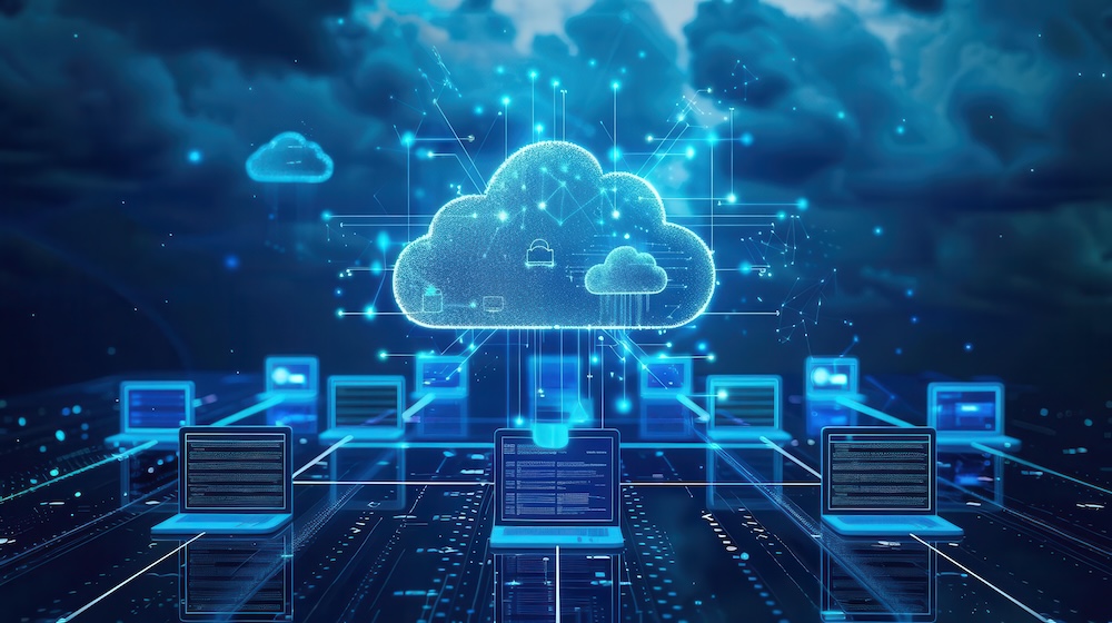 Cloud Computing A cloud icon connected to various devices like laptops, tablets, and servers through a network of lines, with clear space around the graphic for text. Cloud migration concept.